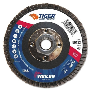 Weiler Tiger Saber Tooth Ceramic High Density Flap Disc, 4-1/2 in dia, 40 Grit, 5/8 in-11, 13000 RPM, Type 27 (1 EA / EA)