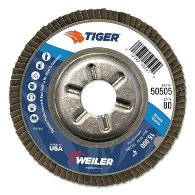Weiler Tiger Disc Angled Style Flap Discs, 4", 80 Grit, 5/8 Arbor, Aluminum Back (10 EA / BOX)