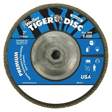 Weiler Tiger Disc Angled Style Flap Disc, 7 in dia, 60 Grit, 5/8 in-11, 8600 rpm, Type 29 (1 EA / EA)