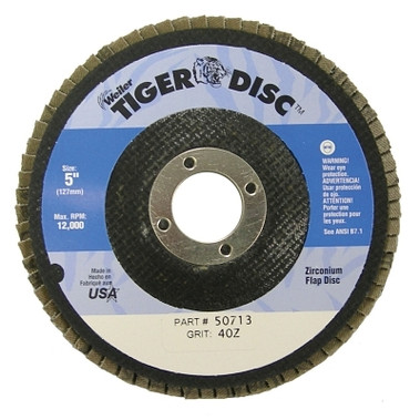 Weiler Tiger Disc Flat Style Flap Discs, 5 in, 40 Grit, 7/8 Arbor, Phenolic Back (10 EA / BX)