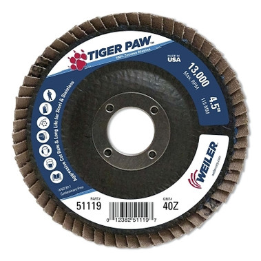 Weiler Tiger Paw TY29 Coated Abrasive Flap Disc, 4-1/2 in dia, 40 Grit, 7/8 Arbor, 13000 rpm (10 EA / CT)