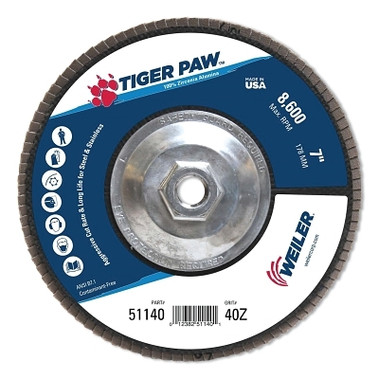 Weiler Tiger Paw Coated Abrasive Flap Discs, 7", 40 Grit, 5/8 Arbor, Phenolic Back (10 EA / CT)