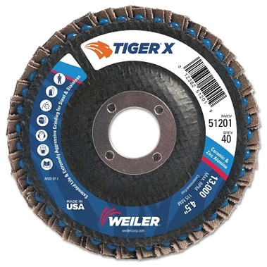 Weiler Tiger X Flap Disc, 4-1/2 in dia, 40 Grit, 7/8 in Arbor, 13000 rpm, Type 29 (10 EA / PK)