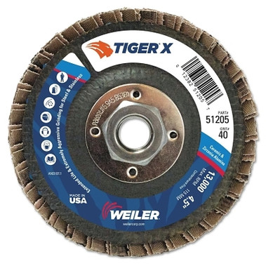 Weiler Tiger X Flap Disc, 4-1/2 in Angled, 40 Grit, 5/8 in to 11 Arbor (10 EA / PK)