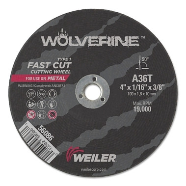 Weiler Wolverine AO Flat Type 1 Cutting Wheel, 4 in Dia, 1/16 Thick, 3/8 Arbor, 36 Grit (25 EA / BX)