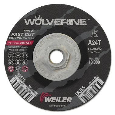 Weiler Wolverine Thin Cutting Wheels, 4 1/2 in Dia, 3/32 in Thick, 24 Grit Alum. Oxide (1 EA / EA)