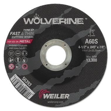 Weiler Wolverine Thin Cutting Wheel, 4-1/2 in dia, .045 in Thick,7/8 in Arbor, 60 Grit (1 EA / EA)