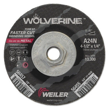 Weiler Wolverine Grinding Wheel, 4-1/2 in dia, 1/4 in Thick, 5/8 in - 11 UNC Arbor, 24 Grit (10 EA / BX)