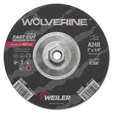 Weiler Wolverine Grinding Wheel, 7 in dia, 1/4 in Thick, 5/8 in - 11 UNC Arbor, 24 Grit (1 EA / EA)