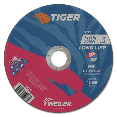 Weiler Tiger AO Cutting Wheel, 6 in dia, 0.045 in Thick, 7/8 in Arbor, 60 Grit (25 EA / PK)