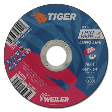 Weiler Tiger Thin Cutting Wheel, 4-1/2 in dia, 0.045 in Thick, 7/8 in Arbor, 60 Grit, Aluminum Oxide, Type 27 (25 EA / PK)