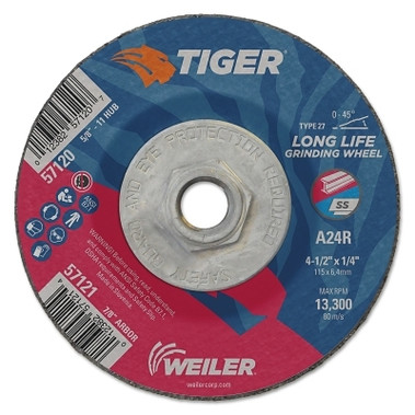 Weiler Tiger A24S Long Life Depressed Center Grinding Wheel, 4-1/2 in dia, 0.025 in Thick, 5/8 in - 11 UNC Arbor, 24 Grit (10 EA / PK)