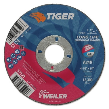 Weiler Tiger A24S Long Life Depressed Center Grinding Wheel, 4-1/2 in dia, 0.025 in Thick, 7/8 in Arbor, 24 Grit (10 EA / PK)