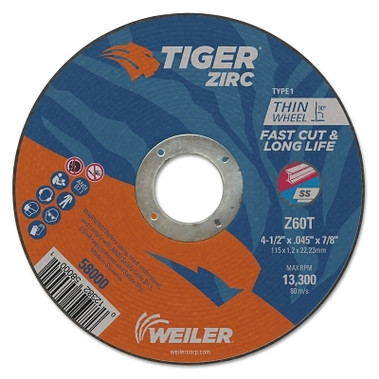 Weiler Tiger Zirc Thin Cutting Wheel, 4-1/2 in dia, 0.045 in Thick, 7/8 in Arbor, 60 Grit, Zirconia Alumina, Type 1 (25 EA / PK)