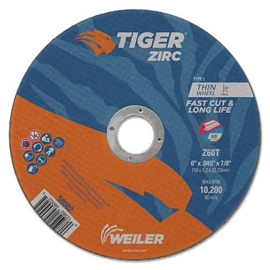 Weiler Tiger Zirc Thin Cutting Wheel, 6 in dia,  0.045 in Thick, 7/8 in Arbor, 60 Grit, Zirconia Alumina, Type 1 (25 EA / PK)