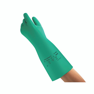Ansell AlphaTec Solvex Nitrile Gloves, Gauntlet Cuff, Unlined, Size 8, Green, 22 mil (12 PR / DZ)