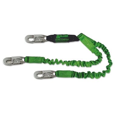Honeywell Miller StretchStop Lanyard w/Shock Absorber, 6ft, Anchorage Connection, 2 Leg,Green (1 EA / EA)