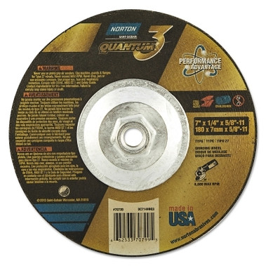 Norton Quantum3 SG CA Type 27 Grinding Wheel, 7 in dia, 1/4 in Thick, 5/8 in-11 Arbor, 20 Grit, Ceramic Alumina (1 EA / EA)