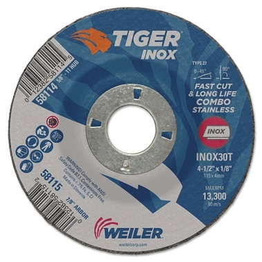 Weiler Tiger Inox Combo Wheels, 4.5 in Dia, 1/8 in Thick, 5/8 in-11 Arbor (25 EA / PK)