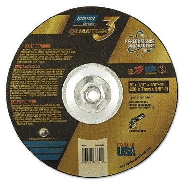 Norton Quantum3 SG CA Type 27 Grinding Wheel, 9 in dia, 1/4 in Thick, 5/8 in-11 Arbor, 20 Grit, Ceramic Alumina (10 EA / PK)