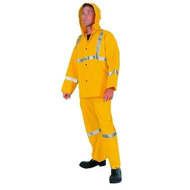 MCR Safety Three-Piece Rain Suit, Jacket/Hood/Overalls, 0.35 mm PVC/Poly, Yellow, 2X-Large (1 EA / EA)