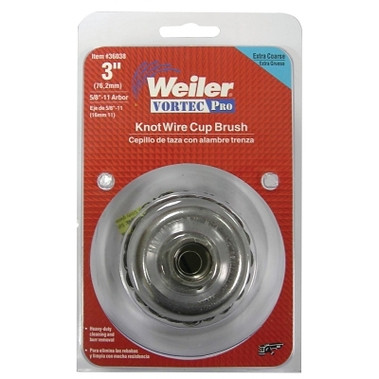 Weiler Vortec Pro Knot Wire Cup Brush, 3 in Dia., M14 x 2, .02 in Steel, Display Pack (1 EA / EA)