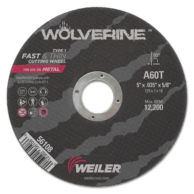 Weiler Wolverine Flat Type 1 Cutting Wheel, 5 in Dia, .035 Thick, 5/8 Arbor, 60 Grit (25 EA / BX)
