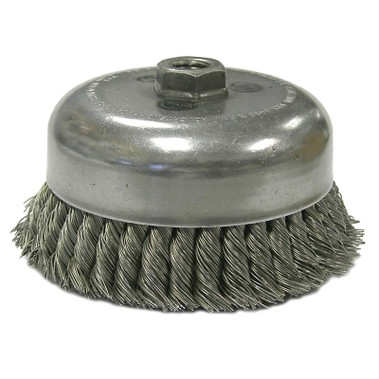 Weiler Single Row Heavy-Duty Knot Wire Cup Brush, 3-1/2 in Dia., 3/8-24 UNF, .023 Stainless (1 EA / EA)