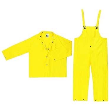 MCR Safety Three-Piece Rain Suit, Jacket/Hood/Pants, 0.28 mm PVC/Nylon, Yellow, Small (1 EA / EA)
