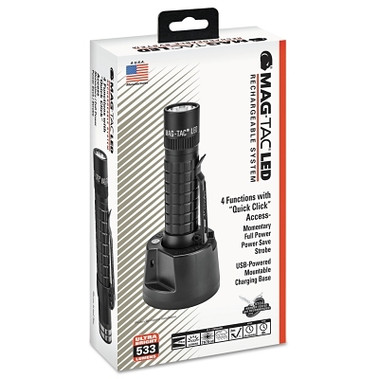 MAG-Lite MAG-TAC LED Rechargeable Flashlight System, Plain Bezel, Black, 533 lumens (3 EA / CA)