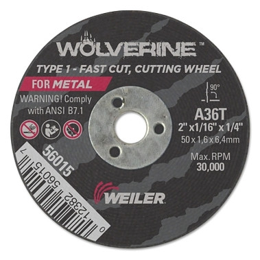 Weiler Wolverine Flat Type 1 Cutting Wheel, 2 in Dia, 1/16 in Thick, 36 Grit, Aluminum Oxide (100 EA / CA)