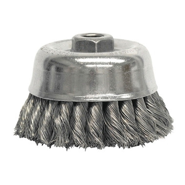 Weiler Double Row Heavy-Duty Knot Wire Cup Brush, 4 in Dia., 5/8-11 UNC Arbor, .02 Stainless Steel (1 EA / EA)