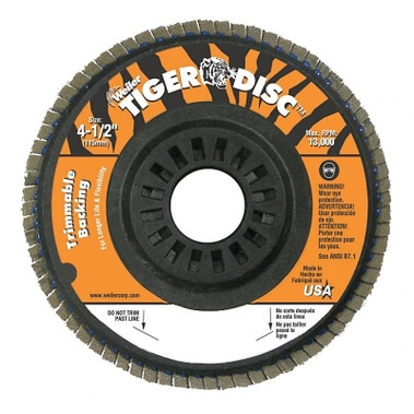 Weiler Trimmable Tiger Flap Discs, 4 1/2 in, 80 Grit, 7/8 in Arbor, 13,000 rpm (10 EA / BOX)