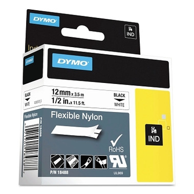 DYMO Industrial Rhino Flexible Nylon Label Cartridge, 1/2 in W x 11.5 ft L, Black Print on White Background (5 EA / PK)