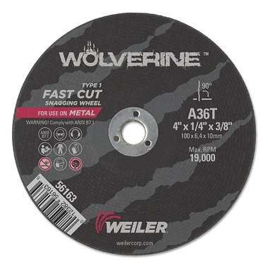 Weiler Vortec Pro Type 1 Portable Snagging Wheel, 4 in Dia, 1/4 in Thick, 36 Grit Alum. Oxide (10 EA / CT)