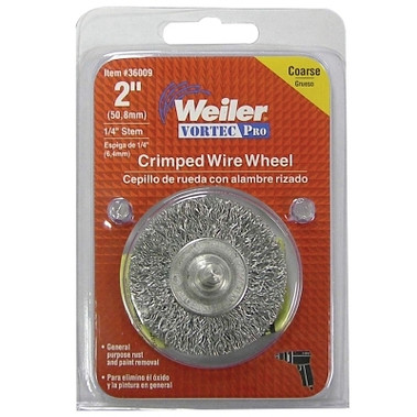 Weiler Stem-Mounted Crimped Wire Wheel, 3 in D, .014 in Carbon Steel Wire, 20,000 RPM (10 EA / PK)