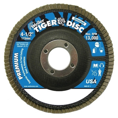 Weiler Tiger Disc Angled Style Flap Discs, 4 1/2 in, 120 Grit, 7/8 Arbor, Phenolic Back (10 EA / CT)