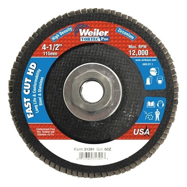 Weiler 4-1/2" Vortec Pro High Density Abrasive Flap Disc, Flat (10 EA / BX)