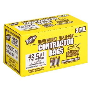 Warp Brothers FLEX-O-BAG Contractor Bag, 42 gal, 3 mil Thick, 33 in W x 48 in H, Black (1 BX / BX)