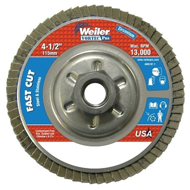 Weiler Vortec Pro Abrasive Flap Discs,4.5", 120 Grit, 5/8 Arbor, 13,000 rpm, Alum Back (10 EA / BOX)