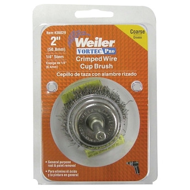Weiler Vortec Pro Stem Mounted Crimped Wire Cup Brush, 2 in Dia., .014 Wire, Display Pk (5 EA / CT)