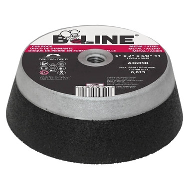 B-Line Abrasives Cup Wheel, 6 in dia, 2 in Thick, 5/8 in-11 Arbor, 36 Grit, Alum Oxide (8 EA / PK)