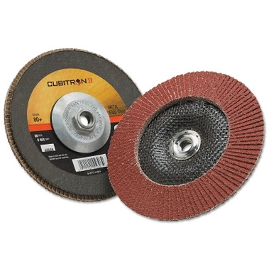 3M Abrasive Cubitron II Flap Disc 967A, 7 in dia, 80 Grit, 5/8 in-11 Arbor, 8,600 RPM, Type 29 (5 DC / CA)