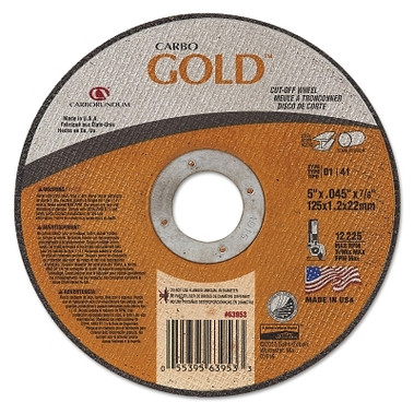 Carborundum Carbo GoldCut Reinforced Aluminum Oxide Abrasive, 5 in dia, 0.045 in Thick, 7/8 in Arbor, 60 Grit (25 EA / PK)