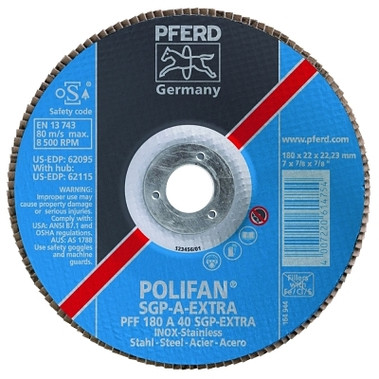 Pferd Type 27 POLIFAN SGP Flap Discs, 7", 40 Grit, 5/8 Arbor, 8,600 rpm, Ceram Oxide (10 EA / BX)