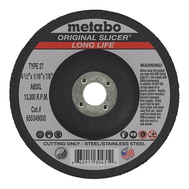 Metabo Slicer Cutting Wheel, Type 27, 4 1/2 in Dia, 1/16 in Thick, 36 Grit Alum. Oxide (50 EA / BX)