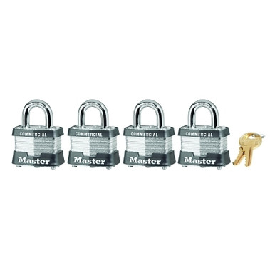 Master Lock No. 3 Laminated Steel Padlock, 9/32 in dia, 5/8 in W x 3/4 in H Shackle, Silver/Gray, Keyed Alike, Varies (4 SET / BOX)