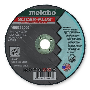 Metabo Slicer Plus Cutting Wheel, Type 27, 6 in Dia, .045 in Thick, 60 Grit Alum. Oxide (1 EA / EA)