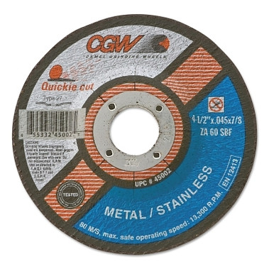 CGW Abrasives Quickie Cut Extra Thin Type 27 Cut-Off Wheel, 5 in dia, 7/8 in Arbor, 60 Grit (25 EA / BOX)