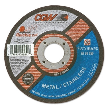 CGW Abrasives Quickie Cut Extra Thin Type 27 Cut-Off Wheel, 4-1/2 in dia, 7/8 in Arbor, 60 Grit (25 EA / BOX)